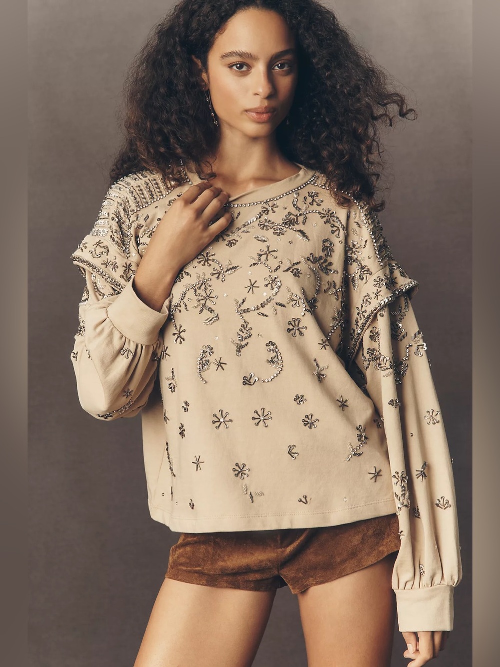 Pilcro Beige Embellished Crewneck Sweatshirt